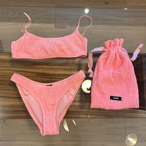 Triangl Bikini In Neon Baby Pink Top And Bottom + Bag